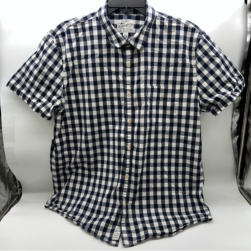 J. Crew Men’s Blue and White Plaid Casual Short Sleeved Casual Cotton Shirt-Sz L